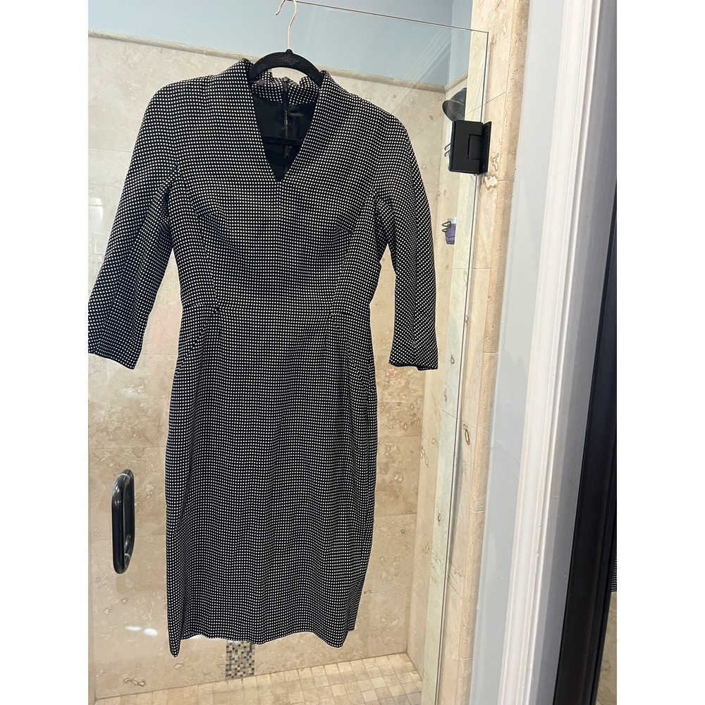 Escada v Neck 3/4 Sleeve midi pin up Shift Dress s 34 black white wool blend